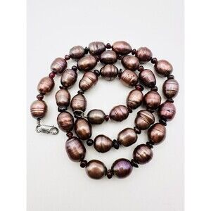 Sterling Silver Natural Ringed Chocolate Pearl & Garnet Necklace - 20” 9.5mm